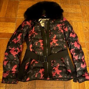 Authentic Burberry London Black and Pink Puffer Jacket With Fox Fur Collar Sz S